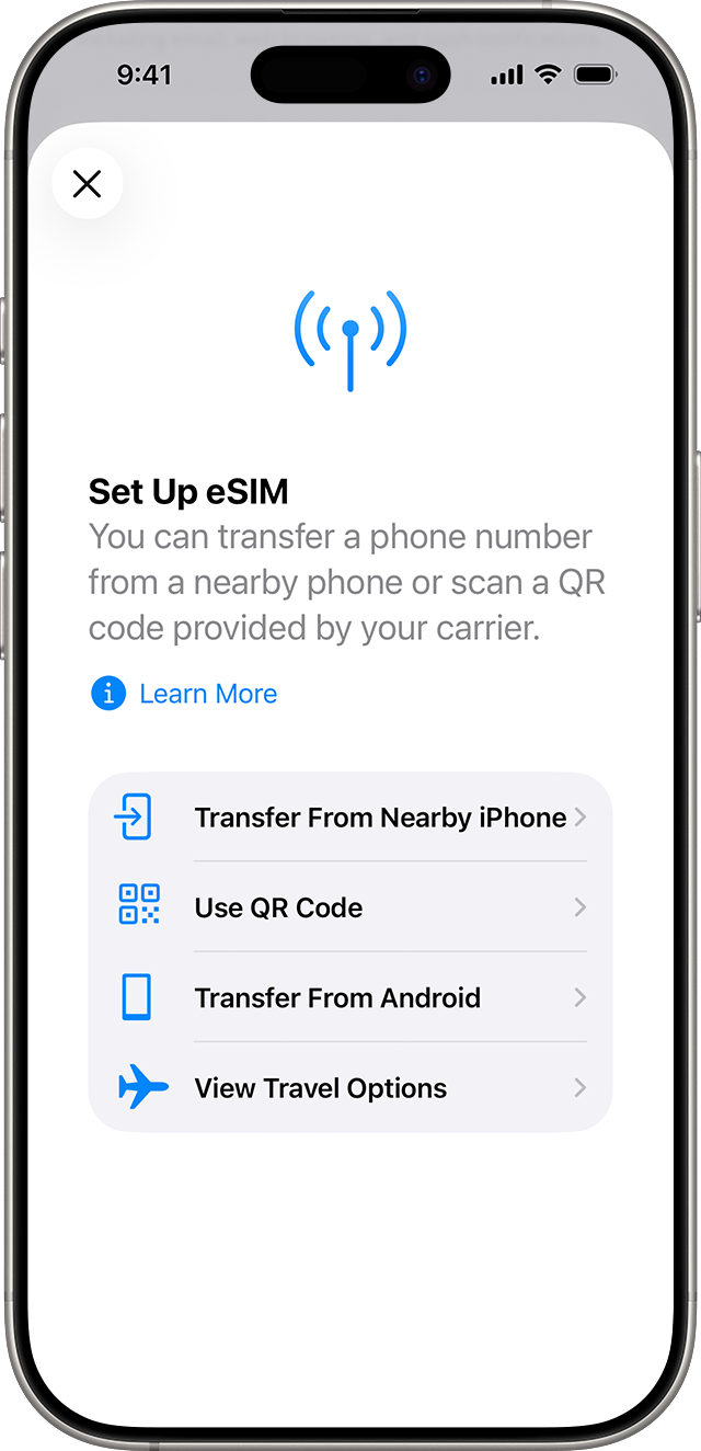 Apple's iPhone Set Up eSIM screen, with transfer and Use QR Code choices
